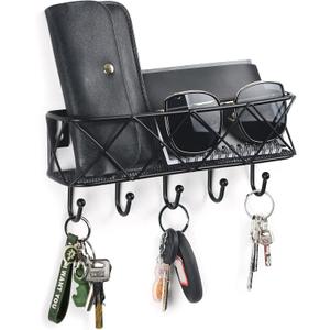 HappyHapi Key Holder for Wall Decorative, Entryway Key Hooks, Wall Mounted Key Rack with 5 Hooks, Metal Wire Mesh Basket Mail Holder, 9.8Lx2.1Wx4.1H