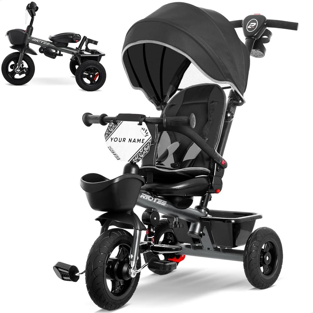 RIDYEE 7-in-1 Tricycle for 18 Months to 5 Years, All-Terrain Rubber Tires, Dual Wheel Brakes, Rotatable Seat for Toddlers 1.5-3, Tricycle for 3-5 Years with DIY Stickers, Grey, Small