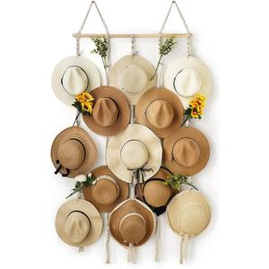 HYDERMUS Macrame Hat Rack for Wall 31x53 in Hat Organizer with 15 Clips Hanging Hat Hanger Holder for Women Wide Brimmed Hat Storage for Fedora Boho Decorative Display (White)