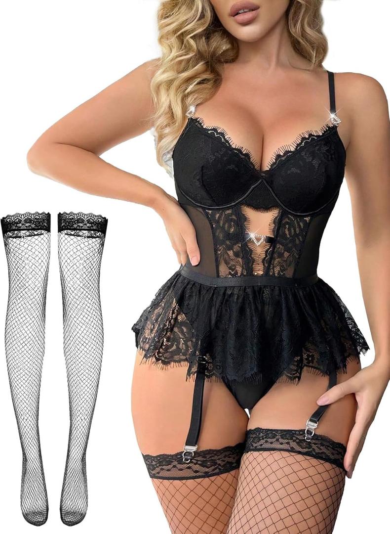 Women Lingerie Set Naughty Lace Bodysuit High Waisted Underwire Lingerie Babydoll With Garter Belt and Stockings (Black, XXXL)