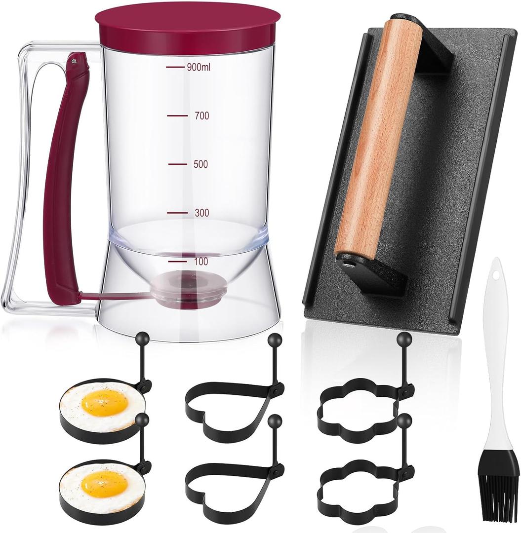 Layhit 9 Pieces Griddle Breakfast Kit, Including Precise Portion Control Pancake Batter Dispenser with Handle, Iron Cast Burger Presses, 6 Pcs Egg Rings, Basting Brush for Cooking Accessories Set
