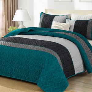 Cottolester Boho Quilt Set King Size,Striped Plaid Bedspread Coverlet Set,Peacock Blue Bedding Set Soft Microfiber Bedding Set with 2 Pillow Shams 110"x90"