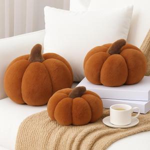 Wonderjune 3 Pcs Pumpkin Pillows Modern Fall Home Decorative Plush 3D Pumpkin Shaped Pillows Rustic Farmhouse Cushion for Halloween Thanksgiving Autumn Home Sofa Couch Bed Decor Gift(Classic Color)