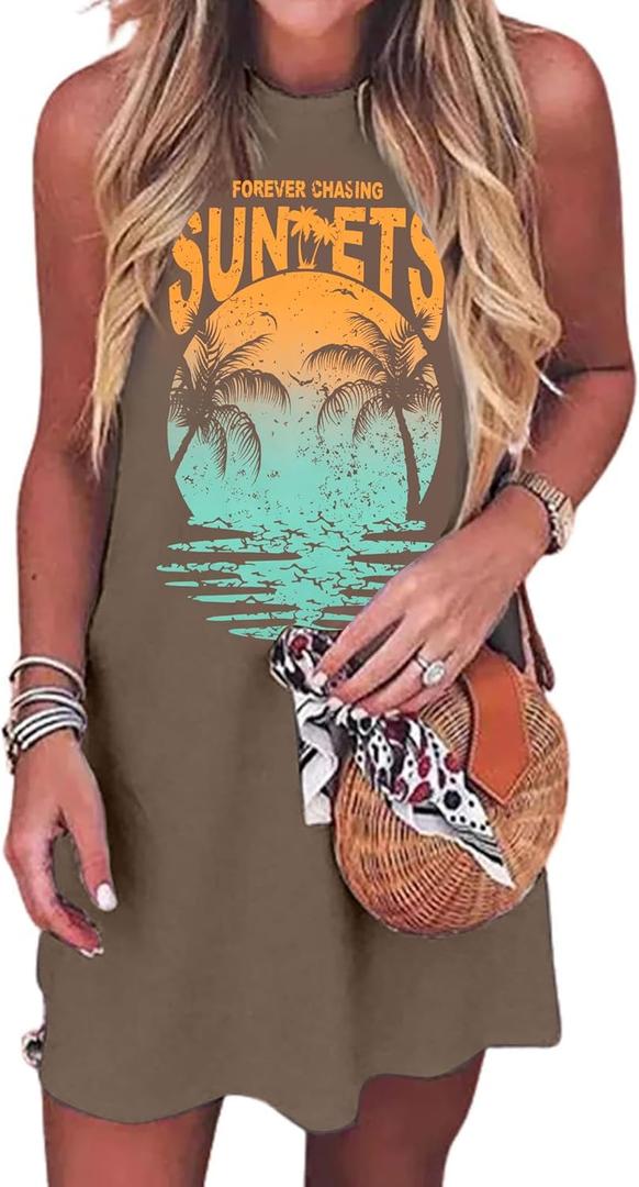 Palm Tree Mini Tank Dress Women Casual Sundress Beach Sunset Summer Sleeveless Dresses (Large, Brown)