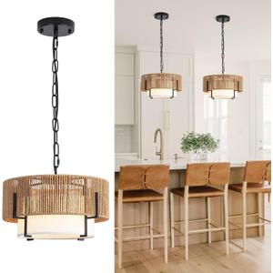 12.6" Rattan Pendant Light, Boho Chandelier Light Fixture with Fabric Shade, Farmhouse Rattan Hanging Ceiling Lighting Fixture for Dining Room, Living Room, Kitchen Island, Bedroom, Hallway, Foyer (Brown - Straight weaving)