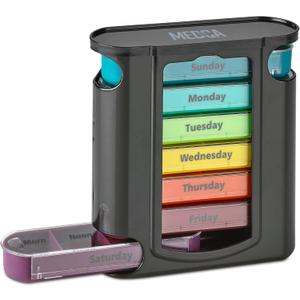 Weekly Pill Organizer, 1 Dispenser, 7 Stackable Compartments Four Times-a-Day - Morning, Noon, Evening, and Bedtime, Black