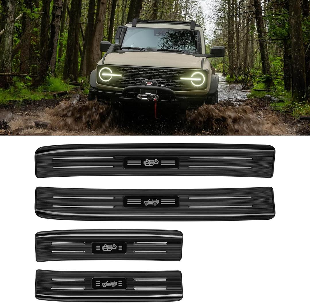 BIBLOZ Stainless Steel Door Sill Protector Compatible with Ford Bronco 2021-2024 2025 2026 Accessories Black Brushed 4 Door Sill Guards Trim(Not for Bronco Sport)