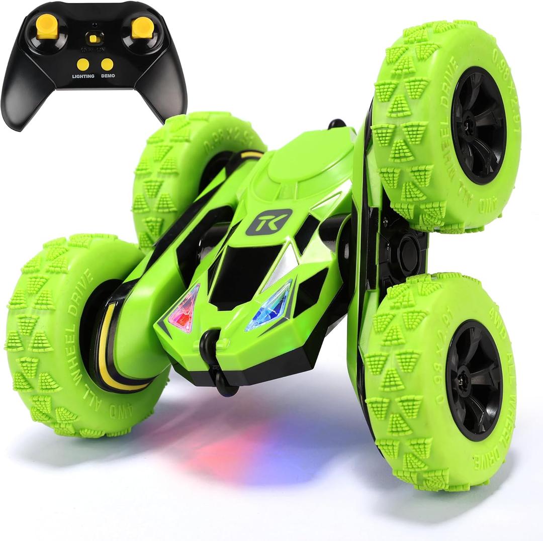Threeking Remote Control Car RC Cars Toys for Boys Girls Ages 6-12, 4WD Stunt Car with Breathing Soft Lights, Double-Sided Driving & 360 Flips, Presents Gifts, Green