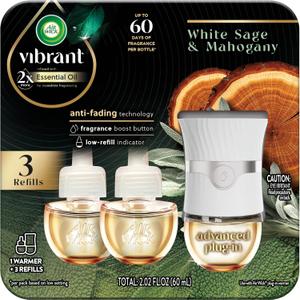 Air Wick Plug In Scented Oil Advanced, 1+3 Starter Kit, Essential Oils, Air Wick Plug Refills, Scent Diffusers, Plug In Air Freshener for Home, Home Essential, White Sage and Mahogany Scent (2.01 Fl Oz (Pack of 1))