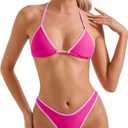 SUUKSESS Women Sexy Thong String Two Piece Bikini Sets Triangle Cheeky Halter Swimsuits Color Block Bathing Suits(Pink Color Block, XL)