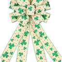 BUVANE St. Patrick's Day Wreath Bow,12 x 20 Inches Large Green Shamrock Irish Holiday Decoration Bow with Streamer Wired Edge Ribbon (Beige)