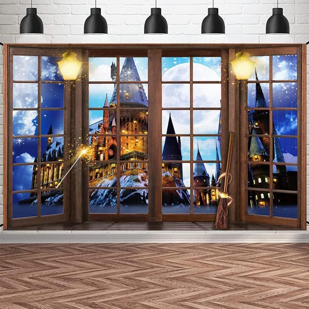 Magic Castle Window Backdrop Wizard School Happy Halloween Background Night Full Moon Halloween Party Decoration Banner Kids Baby Shower Supplies