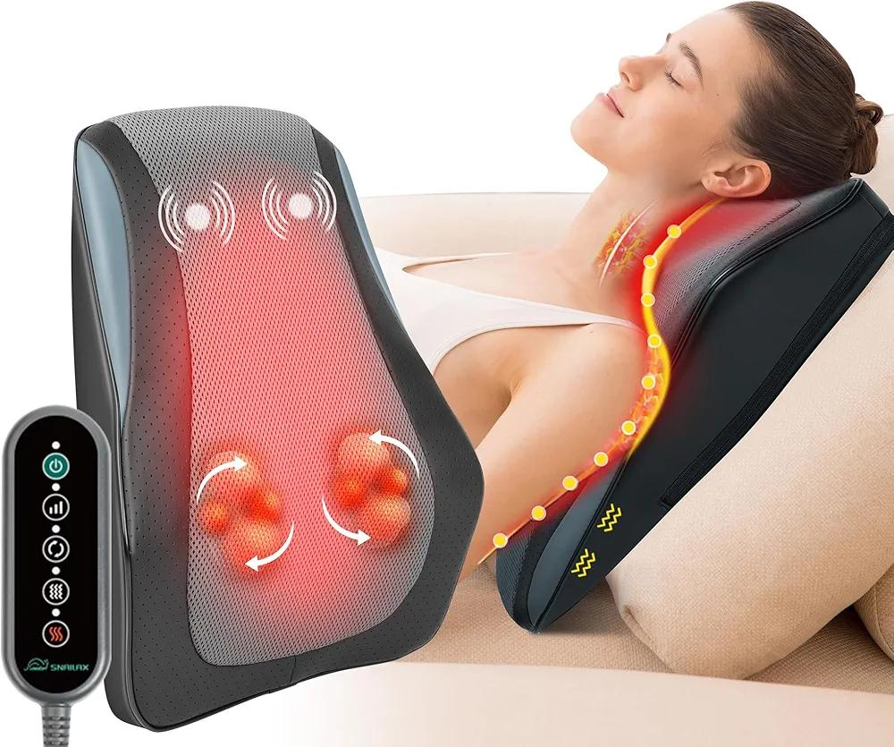 Snailax Back Massager with Heat for Lower Back & Neck Pain Relief, Deep Tissue Shiatsu Massage Pillow with Fixed 3D Kneading Nodes for Back Neck, Chair Massager as Gift for Mom & Dad Women & Men