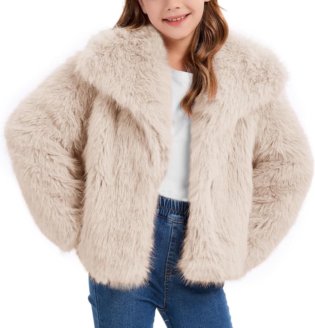 Flygo Girls Faux Fur Coat Kids Fluffy Long Sleeve Lapel Collar Open Front Jacket Warm Winter Shaggy Outwear with Pockets (Medium, Beige)