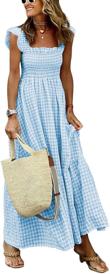 Women's Retro Plaid Smocked Dress Spaghetti Strap Flounce Long Dress (Small, Sky Blue)