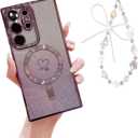 Designed for Samsung S25 Ultra Case Magnetic Glitter with Wrist Strip Compatible with MagSafe, Luxury Plating Heart Shockproof Protection Phone Case Clear Cover for Women Girls -Purple
