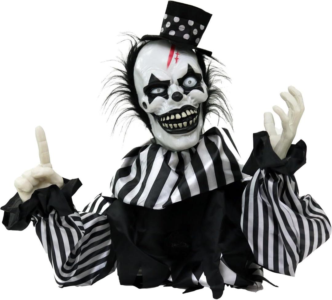 Haunted Hill Farm Scary Talking Groundbreaker Clown, Halloween Animatronic with Motion and Touch Activated Lights and Sounds, Battery Operated Indoor or Covered Outdoor Halloween Decorations