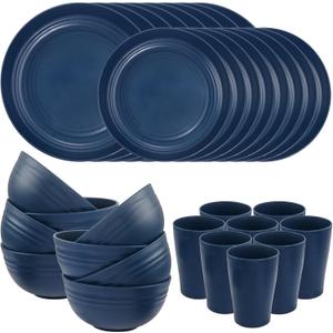 Supernal Wheat Straw Dinnerware Sets, Tableware Set for 8, Plates and Bowls Sets, Reusable Dinnerware Set, Dishwasher Safe, Blue Plastic Dinnerware Sets 16pcs Plates, 8pcs Bowls, 8pcs Cups