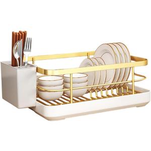 Gold Dish Racking Rack for Kitchen Counter, Carbon Steel Space-Saving Design with Removable Drip Tray & Cutlery Holder, Efficient Drainer for Daily Use, Durable and Stylish in Golden Finish