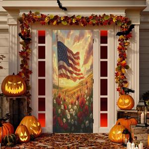 YETTASBIN American Flag Door Cover, Washable High Elastic Waterproof Front Porch Door Cover Reusable Festive Ornament for Indoor Outdoor Holiday Party Home Decor, 35 x 79 Inch