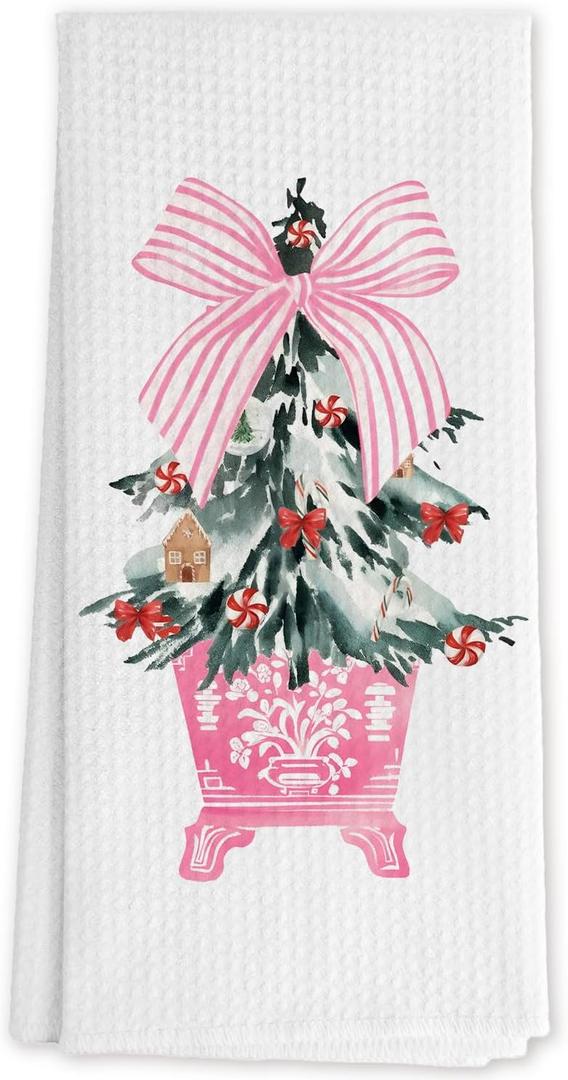 Chinoiserie Pink Christmas Tree Kitchen Towels, Coquette Bow Xmas Tree Decorative Hand Towels for Bathroom, Preppy Christmas Dish Tea Towels for Kitchen Decor, 16x24 Inch