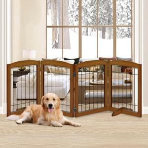 LZRS 4-Panel Freestanding Wooden Dog GateExtra Wide 30 Tall Foldable Pet Barrier with Support Feet, Solid Hardwood & Steel Wire Safety Gate for Doorways, Hallways, and Stairs, Oak Cherry