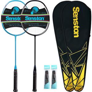 Senston Badminton Racquet Lightweight Professional Full Carbon-Fiber 5U Badminton Rackets Set with Grip (Black+Blue)