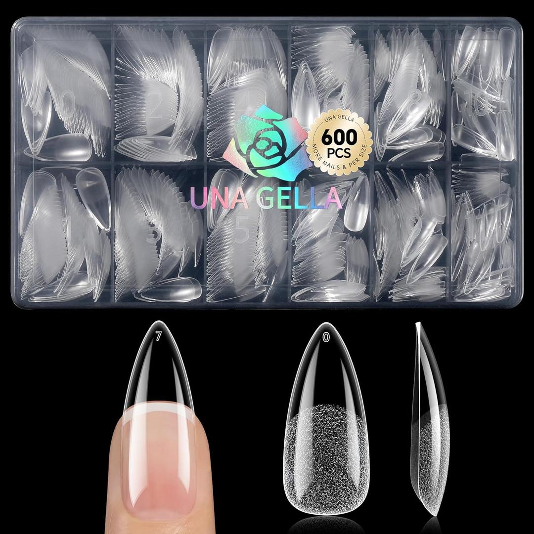 UNA GELLA Medium Stiletto Gel Nail Tips 600Pcs, Medium Stiletto Press on Nails Almond Shape Pre Etched Full Cover Soft Gel Nails Tips for Nail Extensions DIY Art Salon 12 Sizes at Home