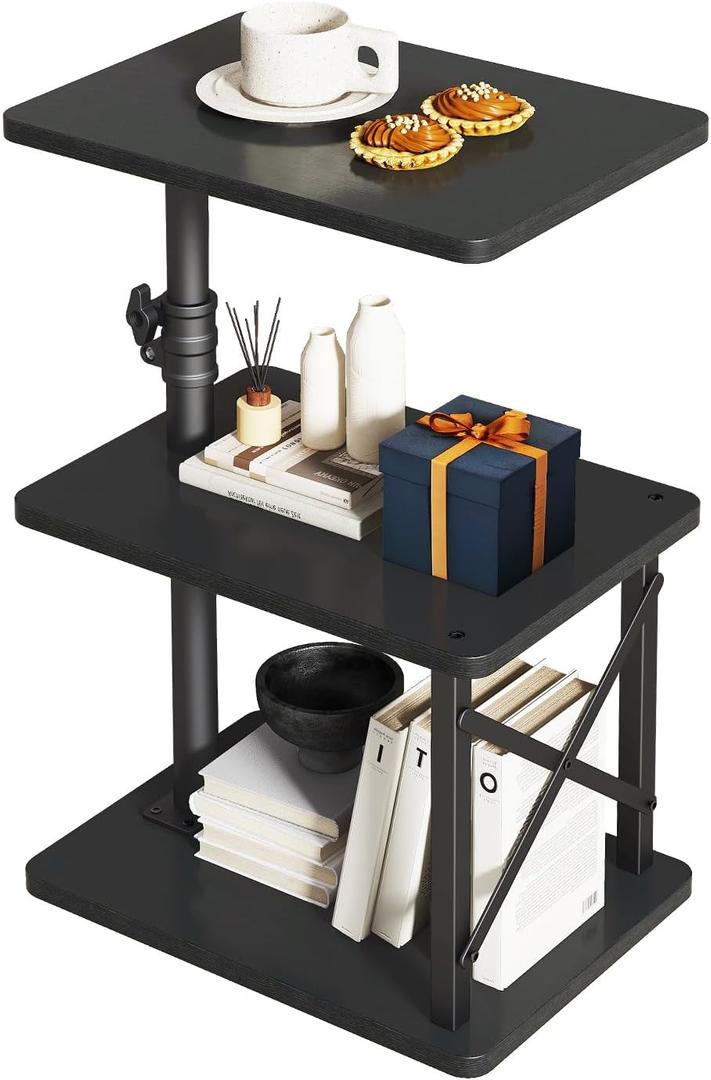 IBUYKE 360 Swivel Height Adjustable Side Table, C Shaped End Table for Small Spaces Sofa/Bed, with Storage Shelf, 3-Tier Night Stand for Living Room, Bedroom, Black UTVT006B
