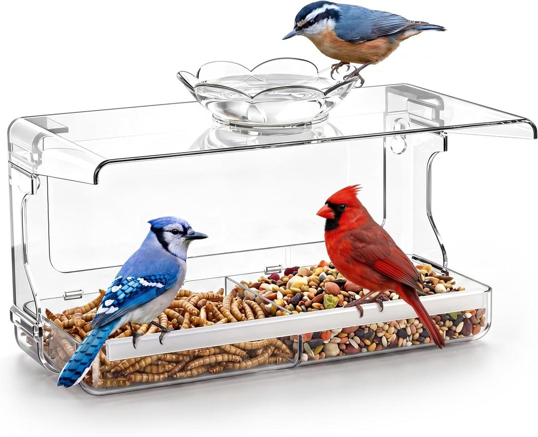 WENMIXER Window Bird Feeder with Non-Marking Self-Adhesive Hooks, Clear and Transparent, Outdoor Wild Bird Watching Gift, Garden Decor (Standard)