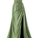 Off Shoulder Sequin Prom Dresses Long 2025 Satin Mermaid Formal Dresses Spaghetti Strap Evening Party Dress with Slit, Olive Size 4