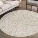 SIILOOM 6' Round Rug Washable Rug for Entryway, Cream Beige Yellow White Grey Soft Non-Slip Area Rugs Distressed Floral Low-Pile Carpet, Neutral Vintage Circle Rugs for Living Room Dining Foyer