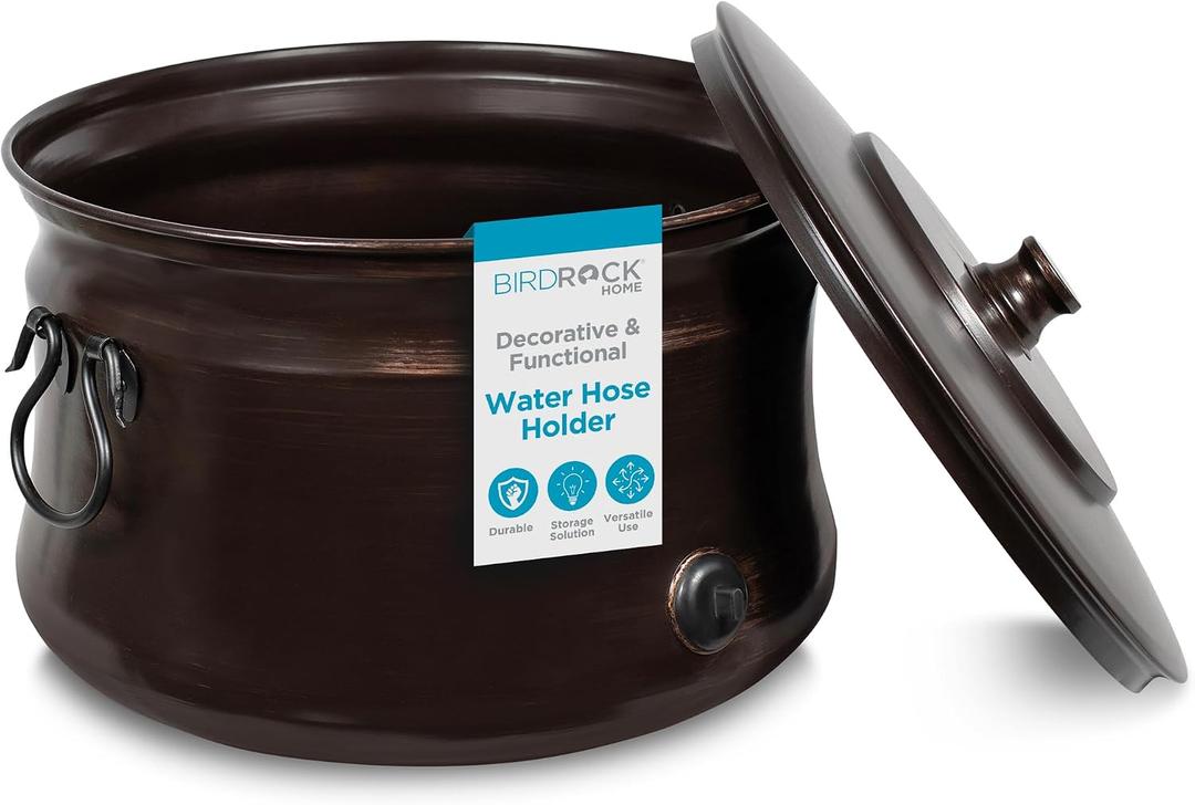 BIRDROCK HOME Water Hose Holder - Decorative Metal Pot, Indoor or Outdoor, Garden Storage Organizer, Patio Portable Bucket - Distressed Bronze, Holds up to 200ft Hoses, Large with Lid