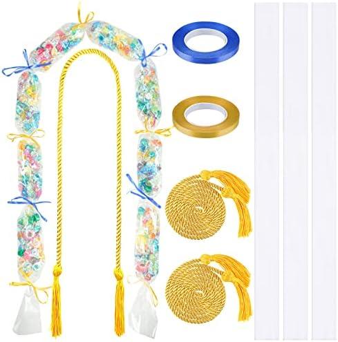Teling 8 Pcs Graduation Candy Lei Tubing Making Kit Include 3 Lei Bag 4.92 Feet Long with 3 Tassel Honor Cord and 2 Rolls Ribbon for Graduation Party Favor Wrapping DIY Hawaii Tropical(Blue, Gold)