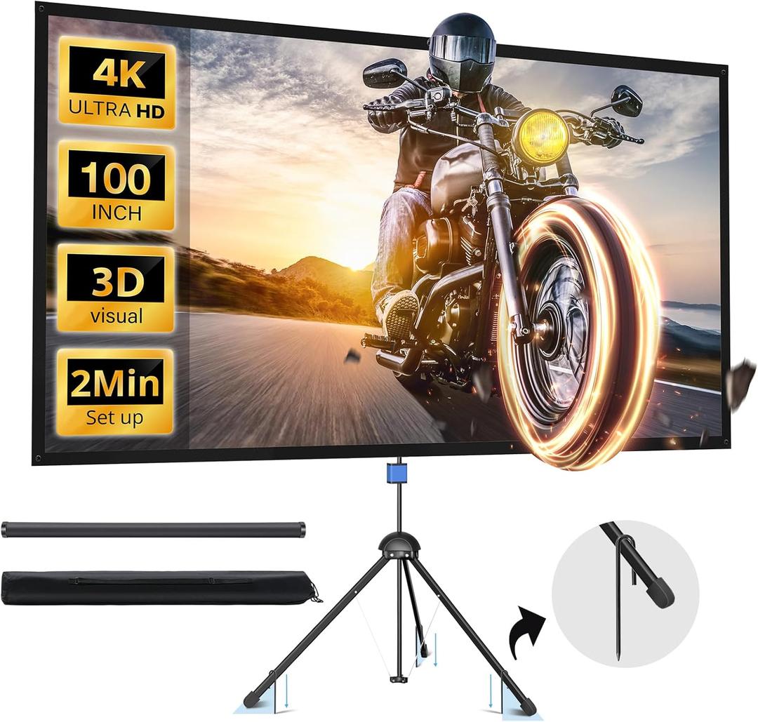 Projector Screen with Stand, PARIS RHNE 100-inch Outdoor Indoor Projector Screen 16:9 4K HD PVC, 1.5 Gain Portable Wrinkle-Free Movie Screen for Home Backyard Theater with Carry Bag, Ground Nails