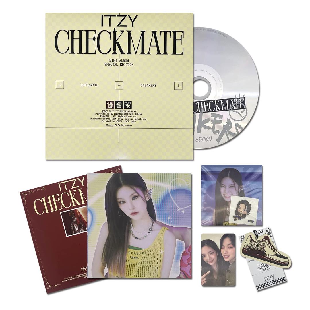 ITZY CHECKMATE A Ver. Photobook R + Photocard + Special Tag + Sneakers Sticker + Postcard + Seal Sticker + Lyric Poster + 2 Pin Button Badges + 4 Extra Photocards  Format: Audio CD