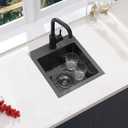 Black Bar Sink Drop in, 15 x 17 Inch Topmount RV Small Kitchen Sink, Handmade Stainless Steel Wet Bar Sink, Outdoor Single Bowl Prep Sink with Dish Grid & Drain
