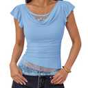ZESICA Women's Summer Going Out Tops Ruffle Short Sleeve Cowl Neck Shirts (Blue, M)