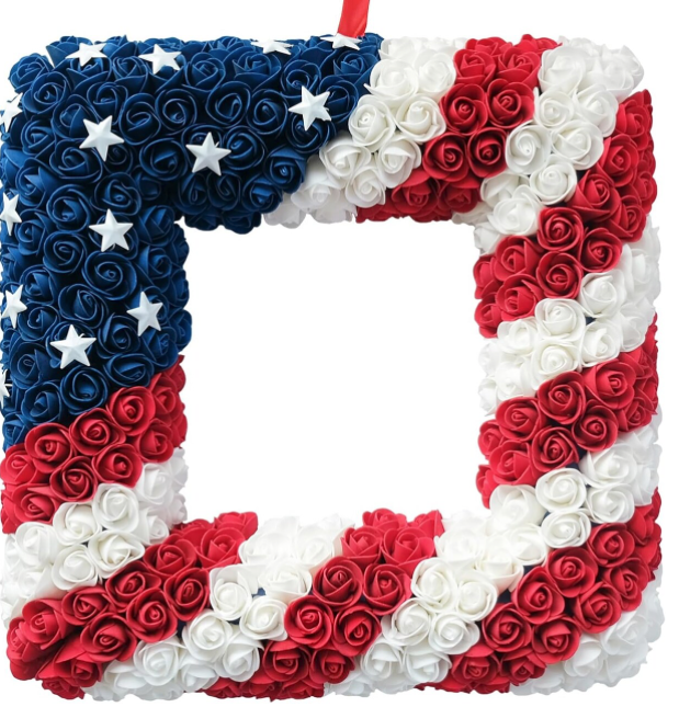 18 Inch Patriotic Red White Blue Large Size Square Shape Flower Wreath for Front Door, Forth of July American Flag Color Soft Touch Floral Wreath for Indoor and Outdoor, July 4th Wreath