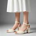 Goolita Pearl Heels For Women Mid Block Ankle Strap Heeled Sandals Round Open Toe Party Evening Bridal Shoes For Wedding, 8
