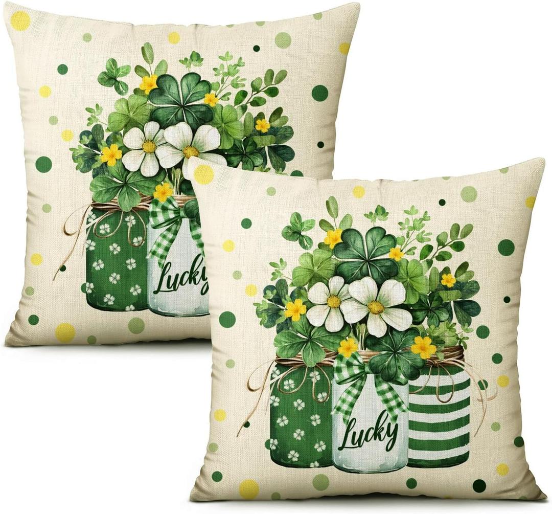 St. Patrick's Day Pillow Covers 18x18 Inch, Irish Gnomes & Shamrock Pillow Cases, Washable Linen Cushion Covers for St. Patrick's Day Home Sofa Decor (Set of 2) (17.7" x 17.7" (Pack of 1), Beige-clover)