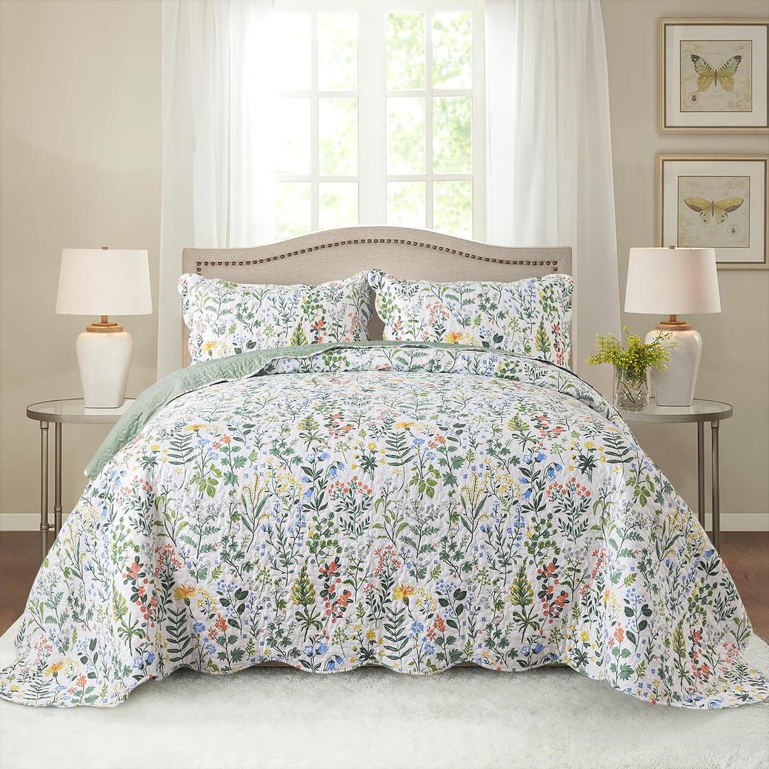 HoneiLife Queen Quilt Bedding Set - 3 Pieces Microfiber Quilt Sets Lightweight Bedspreads Reversible Coverlets Retro Bed Cover Floral Bedding Set Wildflower Quilts All Season Use, Queen/Full-90"x 96"