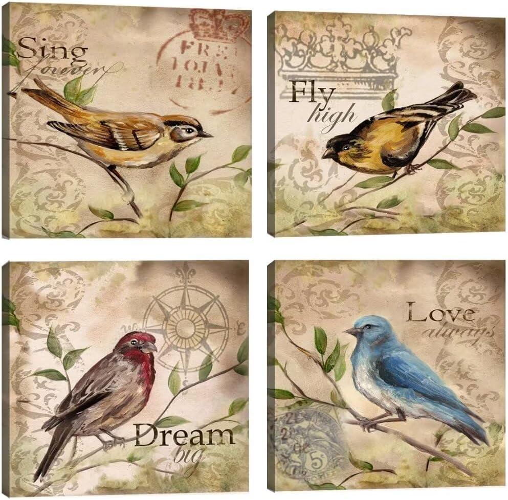 Wall HDQ Bird Wall Art Hummingbird Wall Decor Inspirational Quote Canvas Painting Retro Brown Print Picture for Bathroom Living Room Bedroom Home Decor (10''x10'' x 4Pcs)