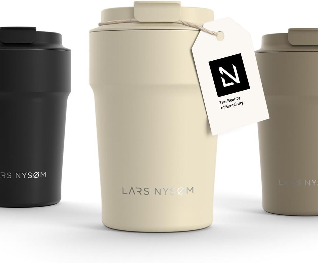 LARS NYSM Thermo Coffee Mug to go 13oz | Travel Mug 0.38 Liter with Insulation | Leak Proof Stainless Steel Thermal Tumbler for Coffee and Tea on the Go (Almond Beige, 12.9oz)
