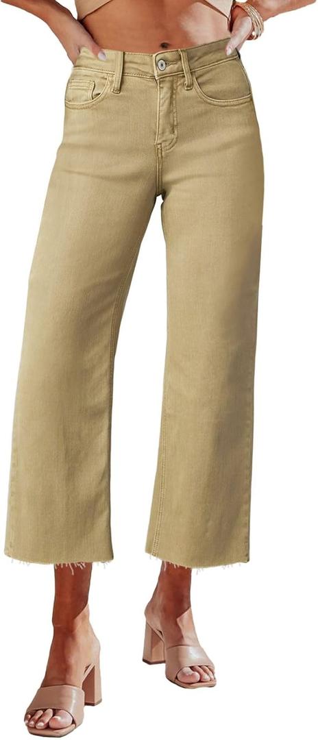 Allimy Women's High Waisted Straight Ankle Wide Leg Ripped Jeans Frayed Hem Stretchy Capri Denim Pants (4, Khaki)
