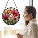 Poppy Flower Stained Glass Window Hanging Suncatcher Gifts for Women 15"