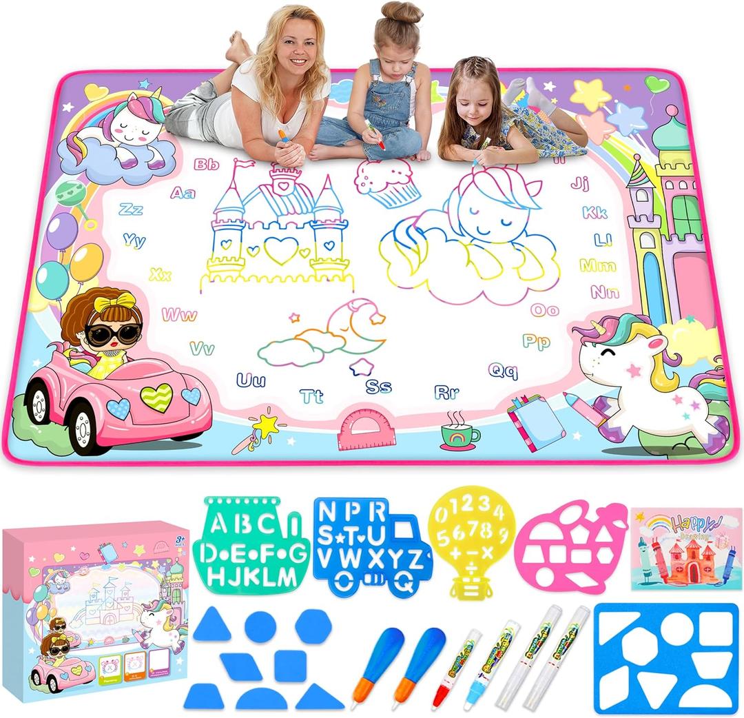 Water Doodle Mat- Kids Painting Writing Doodle Board Toy - Color Drawing Mat Bring Magic Pens Educational Toys for Age 3 4 5 6 7 8 9 10 Year Old Girls Boys Toddler Present (Pink)