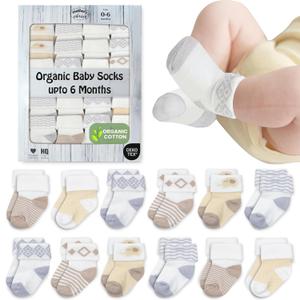 Mother's Choice Organic Cotton Baby Socks, 12 Pairs, Unisex 0-6 Months - Soft, Hypoallergenic Newborn & Infant Socks - Baby Girl & Boy Gifts, (12Pcs, Brown)