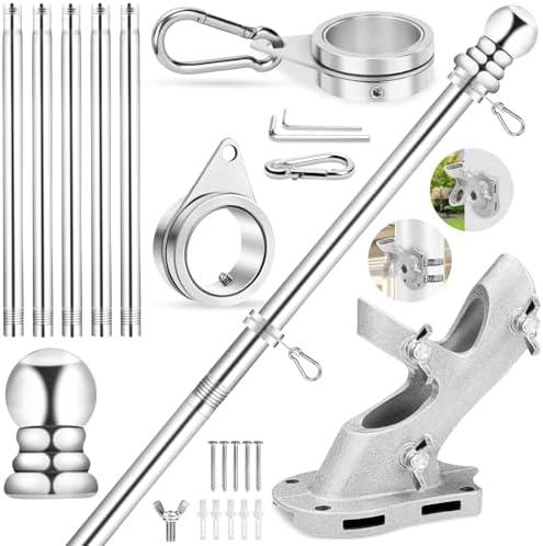 REERON Flag Pole for House, 6 FT Stainless Steel Spinning Flag Pole Kit, 1" Rustproof Porch Flagpole with 360° Tangle Free Metal Flagpole Rings & 2-Position Bracket for Outdoor Sport for 3x5 Flags