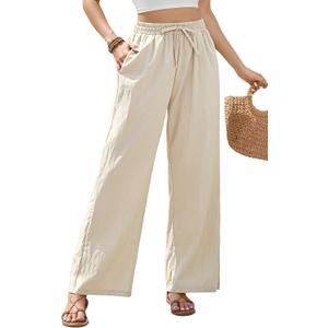 Women's Wide Leg Pants Flowy Pants for Women Casual Palazzo Trousers Loose Fit High Waisted Drawstring with Pocket (Medium, Beige2)